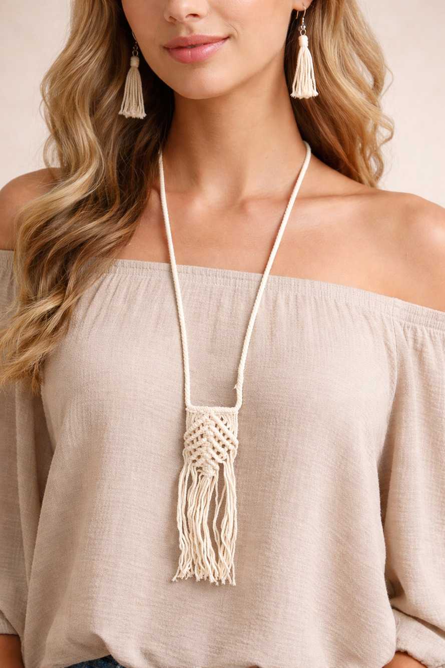 Macramé Necklace & Earring Set Boho Fringe Statement Natural Fiber Jewelry